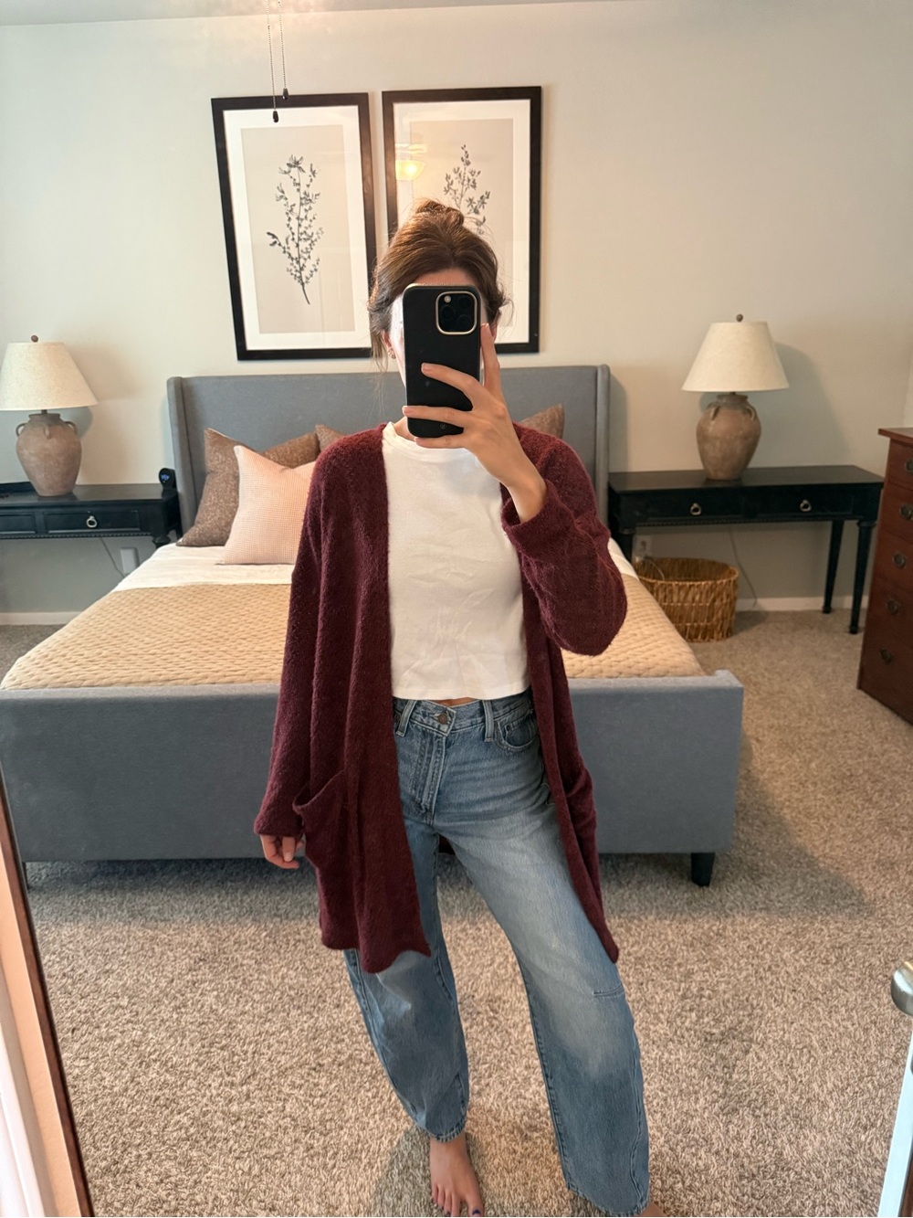 Ameda Open-Front Maroon Knit Cardigan